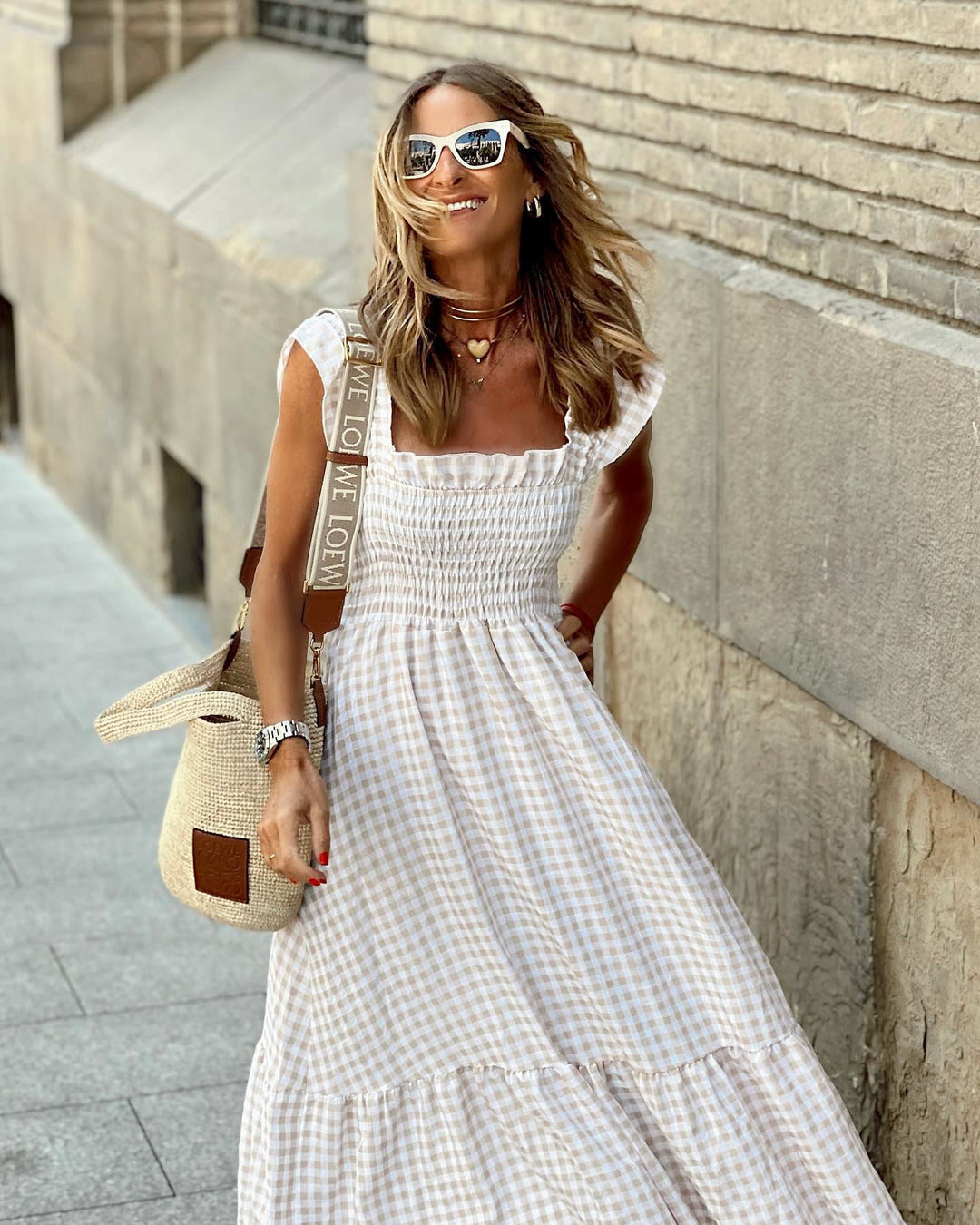 Gingham Maxi Dress for Women - Smocked - Tiered