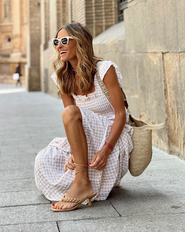 Gingham Maxi Dress for Women - Smocked - Tiered