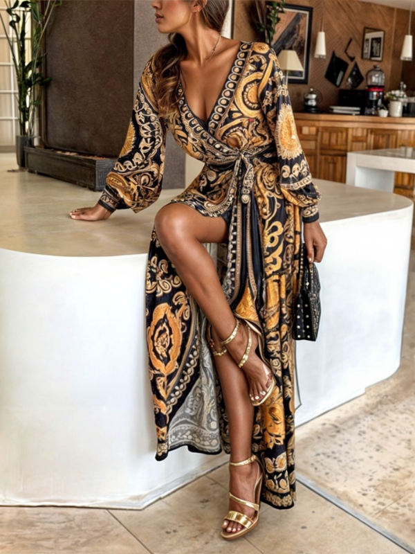 Elegant Bohemian Maxi Dress with Golden Print and High Slit