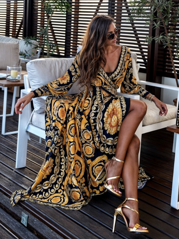 Elegant Bohemian Maxi Dress with Golden Print and High Slit