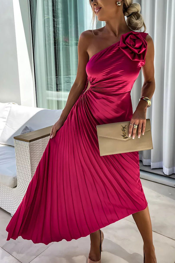 One Shoulder Pleated Midi Dress for Women - Rose Detail - A-Line