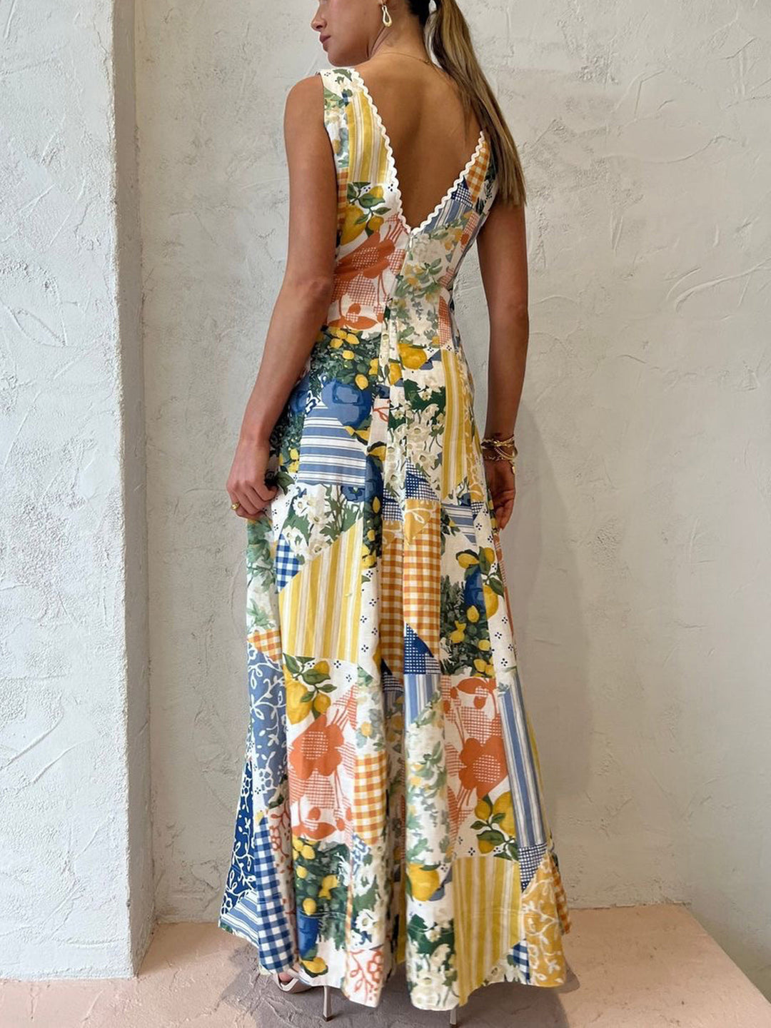 Elegant Patchwork V-Neck Maxi Dress White Bohemian Style