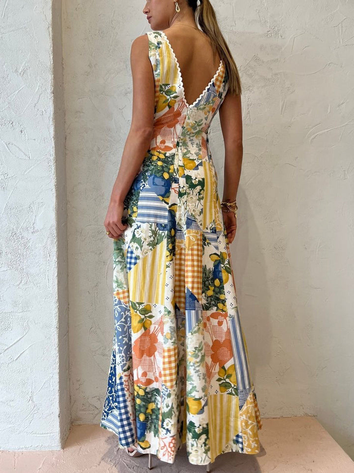 Elegant Patchwork V-Neck Maxi Dress White Bohemian Style