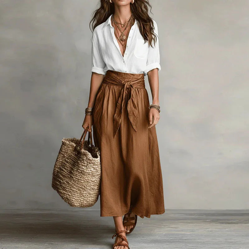 Top and Tie-Waist Midi Skirt Set – Relaxed Two-Tone Look