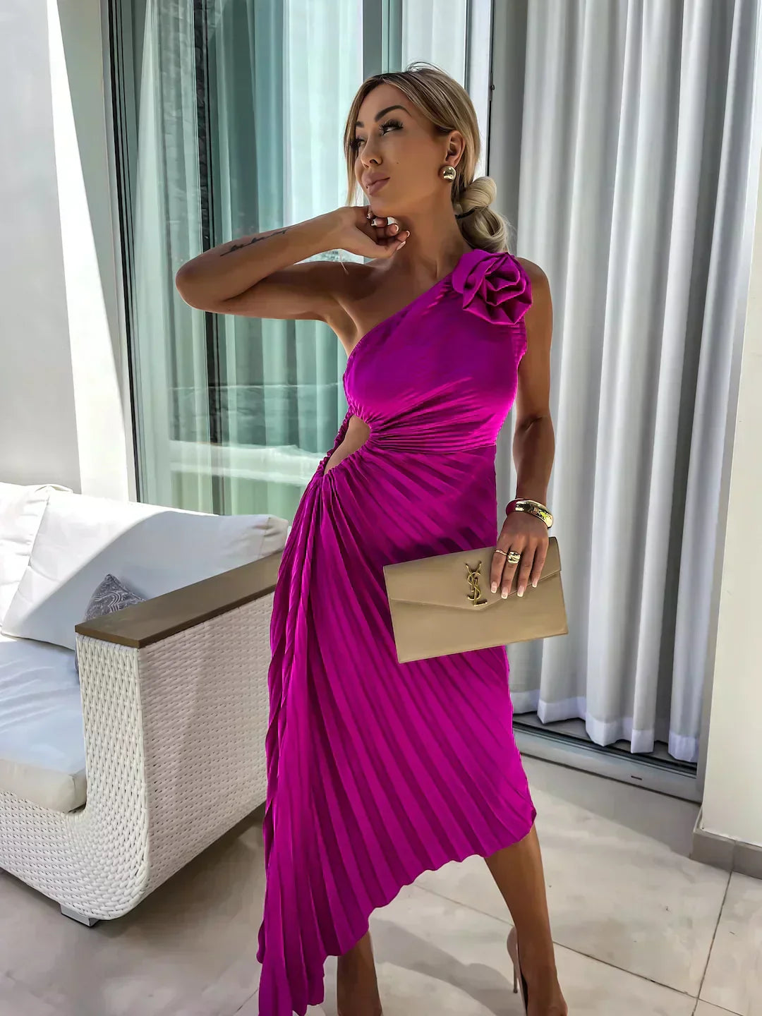 One Shoulder Pleated Midi Dress for Women - Rose Detail - A-Line