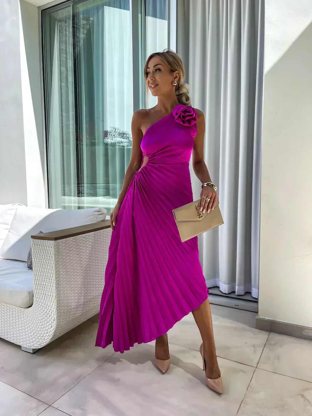 One Shoulder Pleated Midi Dress for Women - Rose Detail - A-Line