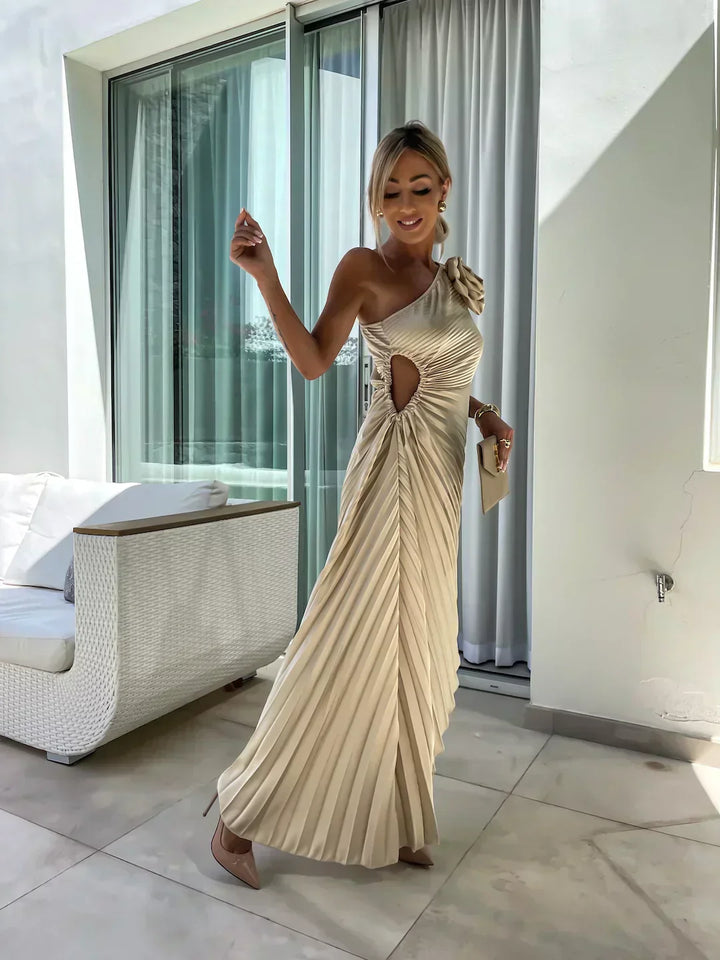 One Shoulder Pleated Midi Dress for Women - Rose Detail - A-Line