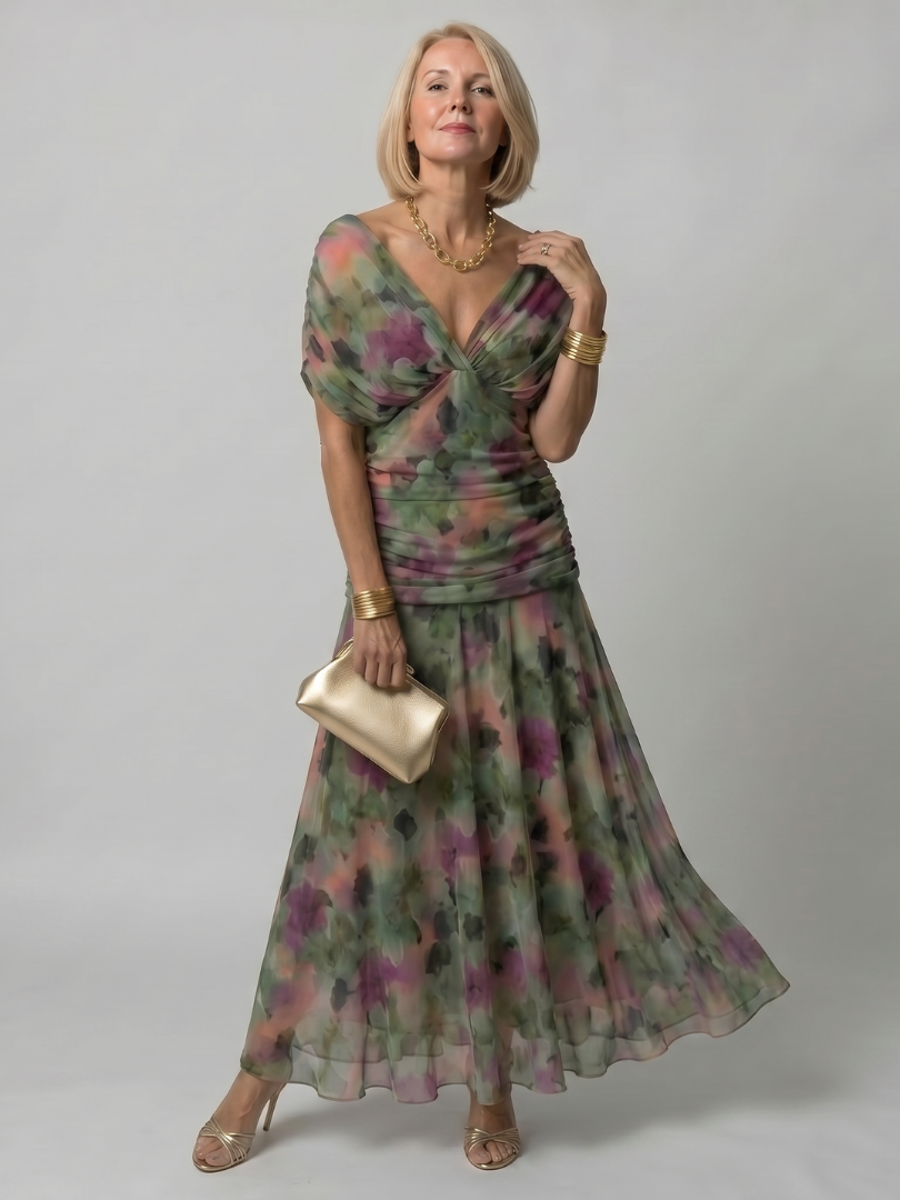 Printed Mesh Midi Dress with Draped Neckline and Ruched Bodice