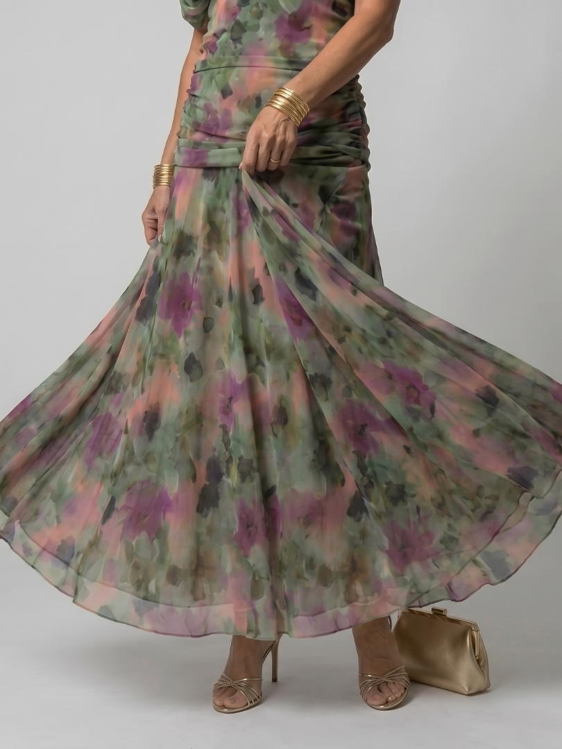Printed Mesh Midi Dress with Draped Neckline and Ruched Bodice