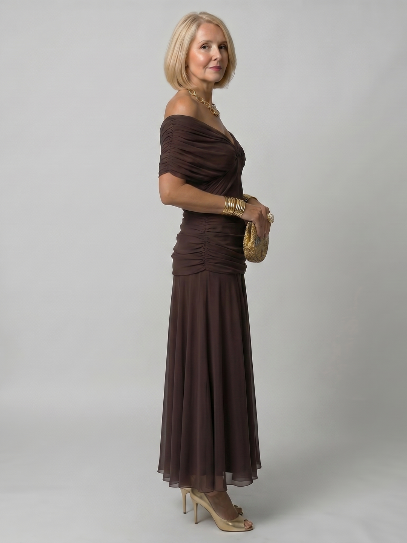 Printed Mesh Midi Dress with Draped Neckline and Ruched Bodice