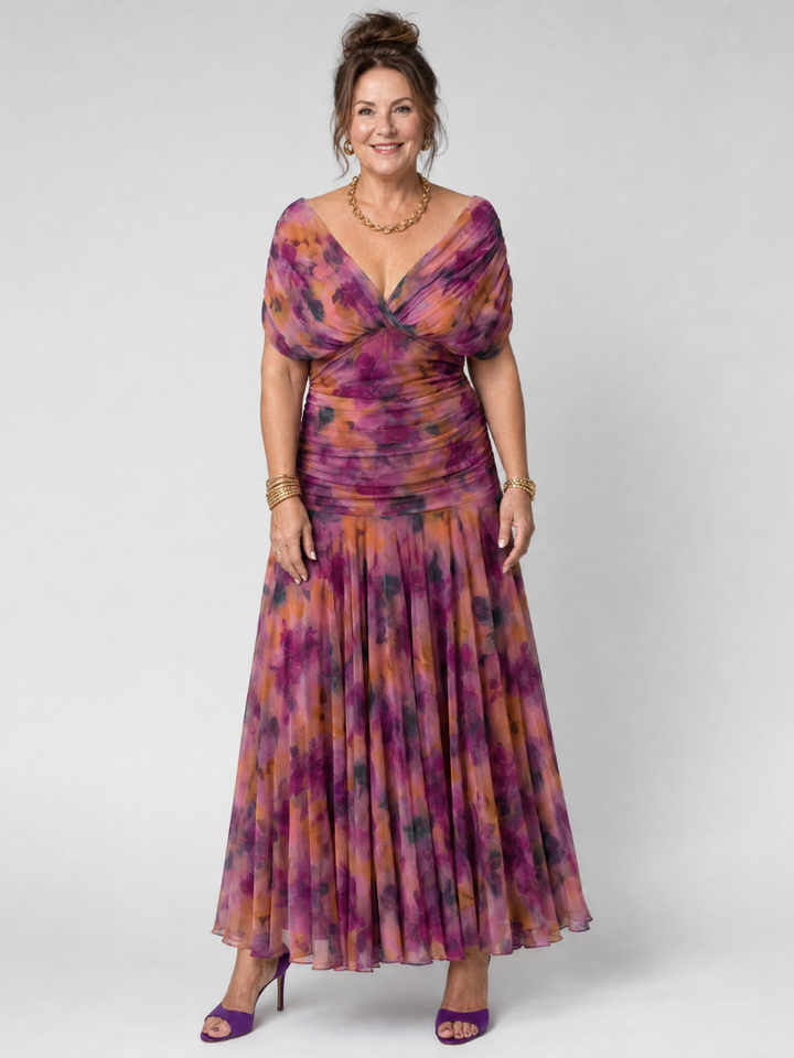 Printed Mesh Midi Dress with Draped Neckline and Ruched Bodice