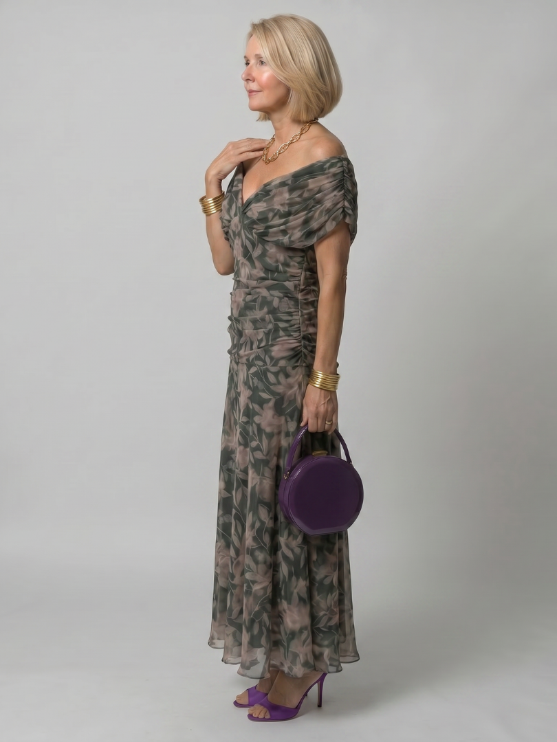 Printed Mesh Midi Dress with Draped Neckline and Ruched Bodice