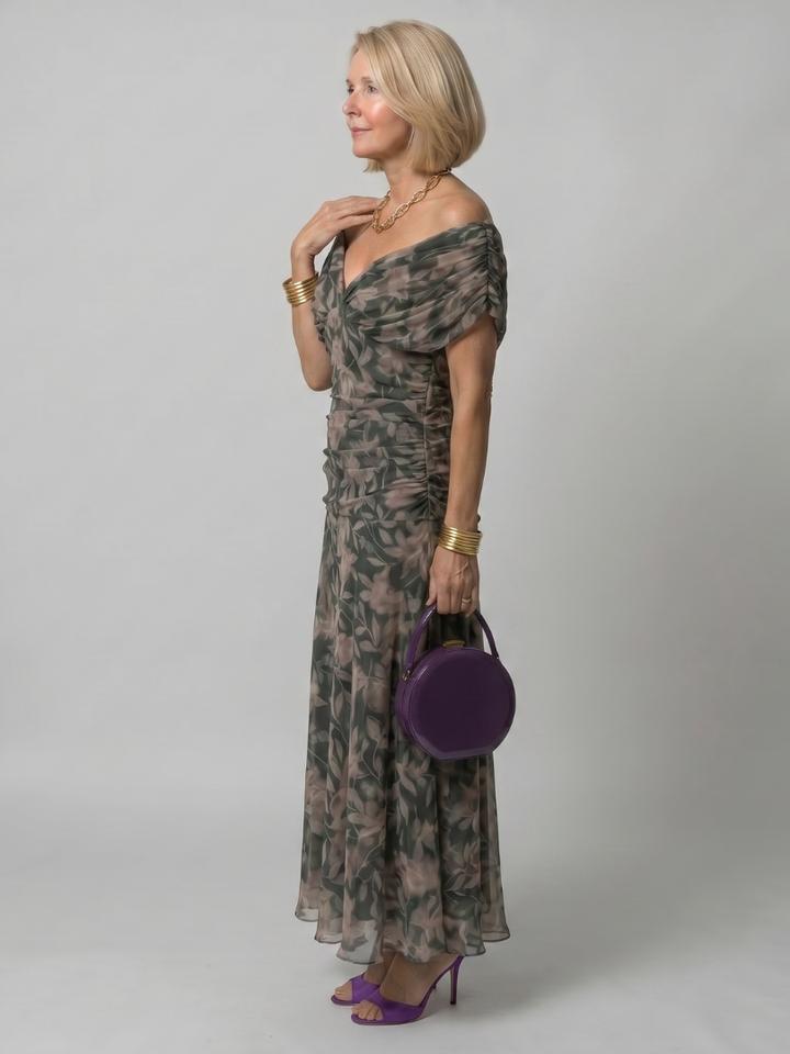 Printed Mesh Midi Dress with Draped Neckline and Ruched Bodice