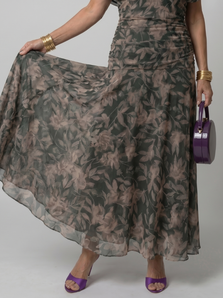 Printed Mesh Midi Dress with Draped Neckline and Ruched Bodice