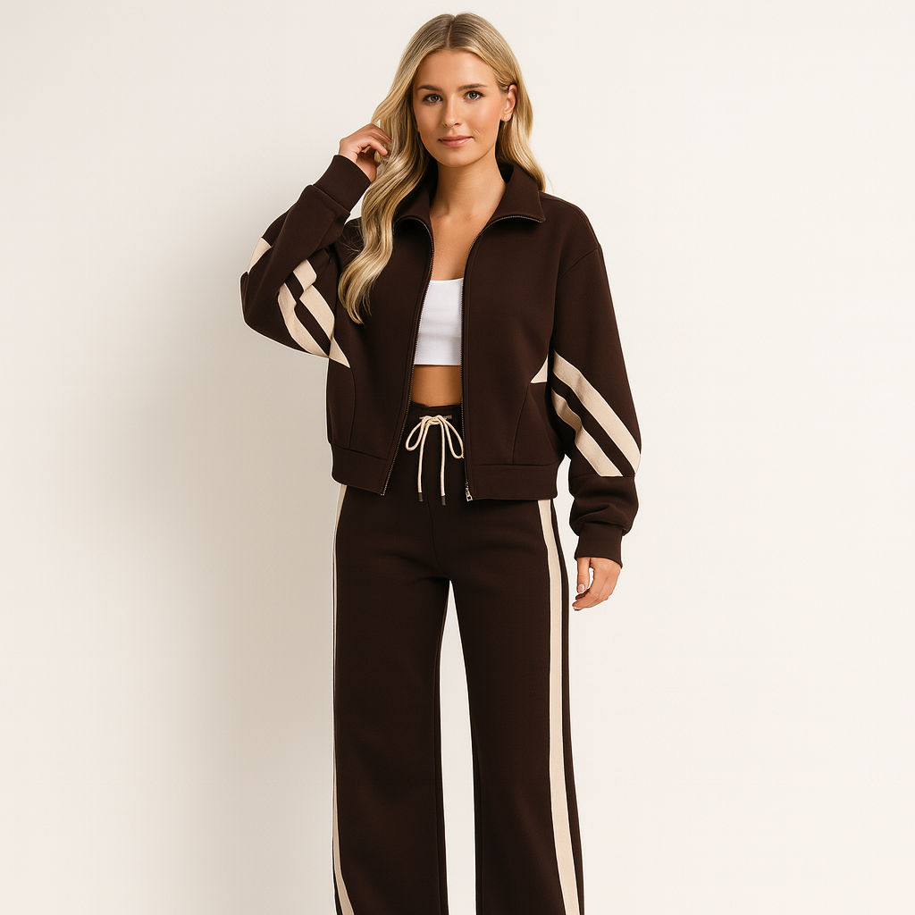 Two-Piece Knit Tracksuit Set with Zip Jacket and Side Stripes